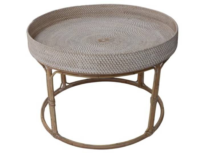 GURU SHOP Geflochtener runder Kaffeetisch, Beistelltisch, weiß, D70cm H50cm Handgefertigt aus Rattan, 3 passende Größen, platzsparend verstaubar, elegantes Design