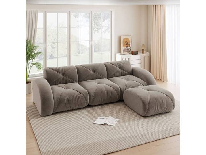 Canapé Modulaire d'Angle 3 Places avec Pouf sans Montage - YEAVIO - dessous Antidérapant Chenille Taupe