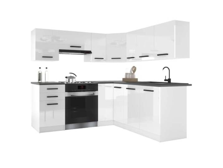 Belini ITALIA 6 Eckküche Küchenblock 360cm Weiß Hochglanz Küchenset als Eckküche, weiße Korpusse, DECOR ECONATURA Material, kratzfest, ohne Elektrogeräte, mit Arbeitsplatte