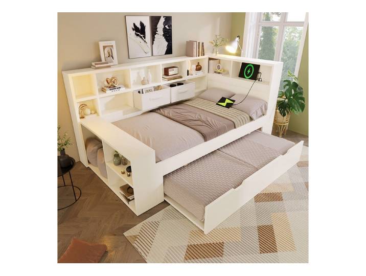 Ulife Einzelbett in Weiß, Stauraumbett mit Ausziehbett (3-tlg), -seitigen Ablagen & integriertem USB-/Type-C-Laden