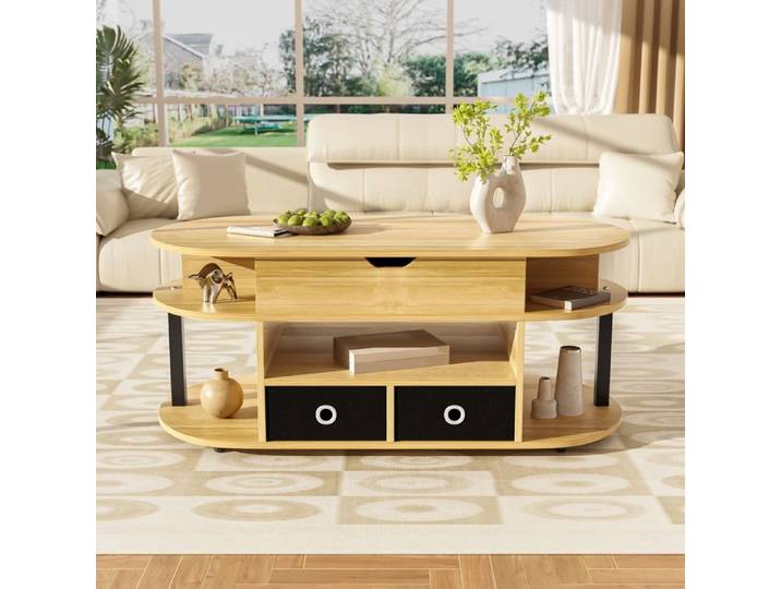 Table Basse Relevable WELLTIN Rangement et 2 Tiroirs en Tissu Design Moderne Effet Bois et Noir pour Salon 105x50x45/60cm
