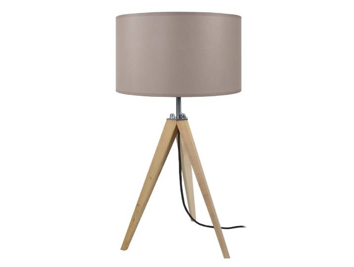 Lampe de table trépied bois naturel abat-jour tissu taupe
