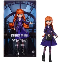 Monster High x Wednesday Sammelpuppe, Agnes DeMille mit violetter Uniform und Zubehör