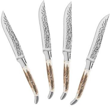 French Home Laguiole Set of 4, Connoisseur BBQ Steak Knives with Deer Horn Handles - Silver
