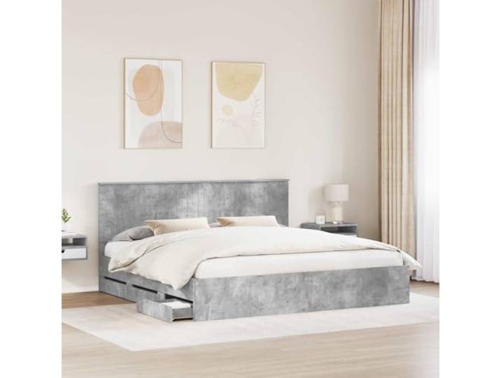 KTHLBRH Bettgestell mit Schubladen, Grau, Beton, 200 x 200 cm Technisches Holz, selbsttragendes Design, feste Latten, einfache Wartung