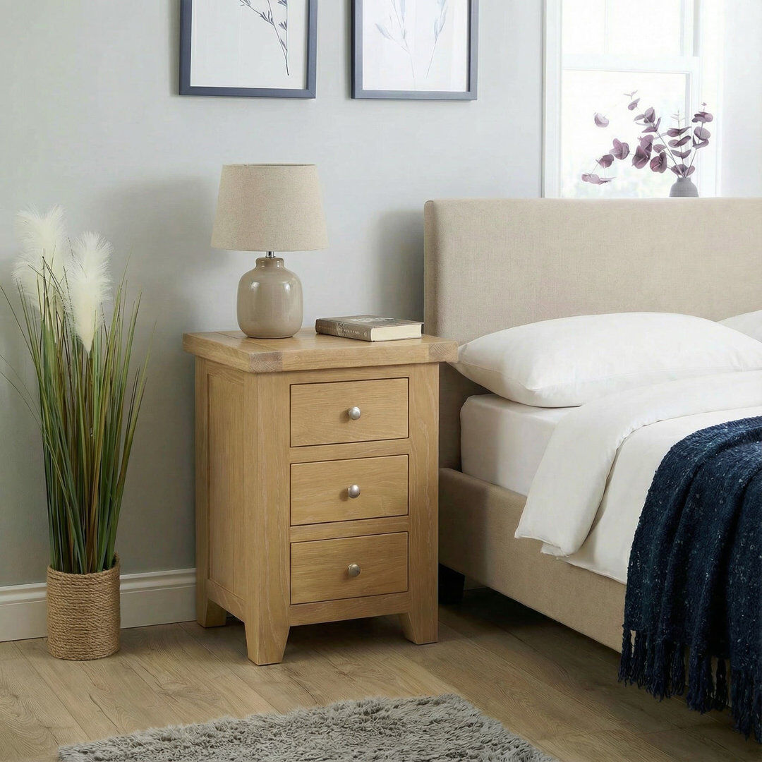 Alpen Home Cooksey Fully Assembled 3 Drawer Bedside Table Oak Brown 62cm H X 37cm W X 47cm D