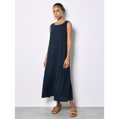 Midikleid APRICOT "Midikleid", Damen, Gr. XS (34), N-Gr, ohne Ärmel, gewebt, blau (navy), gewebt, Obermaterial: 73% Viskose CV. 27% Leinen LI., uni, Kleider Midikleid, mit Falten und Trapezform