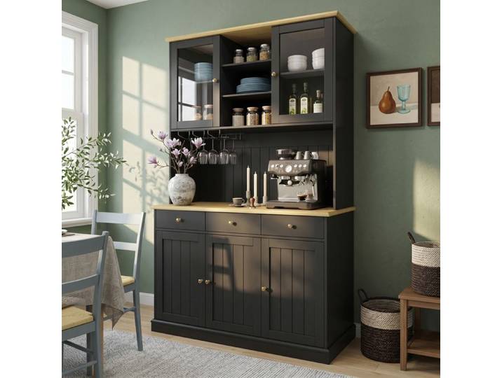 WOVREO Buffet haut 120 x 40 x 191 cm avec portes en verre porte-verres prises integrees USB-A USB-C noir