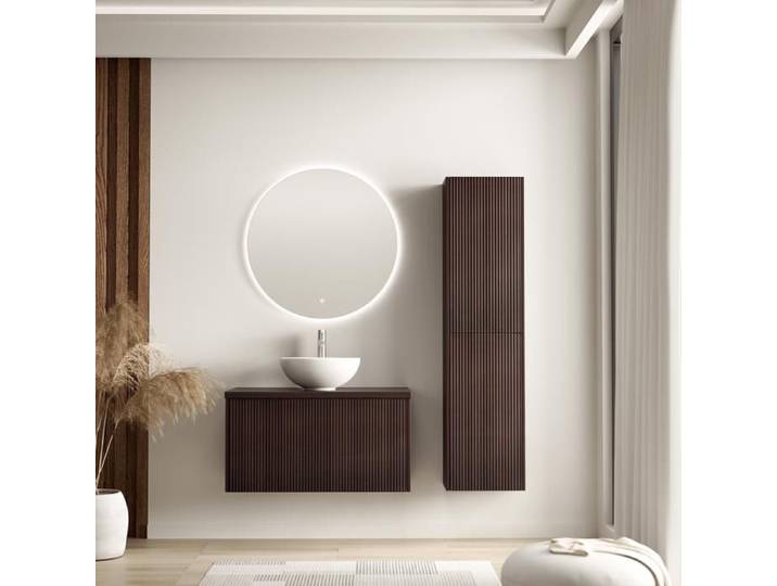 LOMAZOO Ensemble Meuble de Salle de Bain 80cm Noyer Cannelé - Vasque à Poser Blanche - Colonne de Rangement [TROPANI]