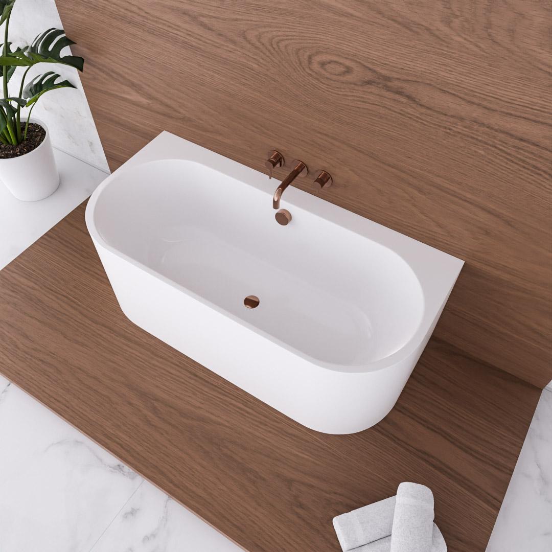 ECOLAM Vorwand Badewanne 170x75 cm Vigoo Wall Siphon Click Clack Kupfer halb freistehende Wanne Acryl Wandbadewanne