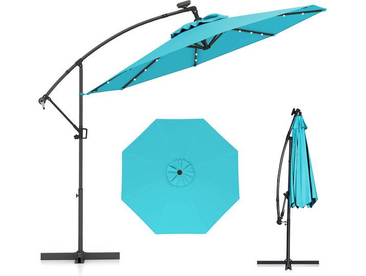 COSTWAY Sonnenschirm φ300cm, Ampelschirm mit 32 Solar-LEDs & Kurbel, Neigungswinkel verstellbar, Gartenschirm Marktschirm Terrassenschirm Türkis