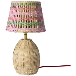 RICE Kleine Natur-Rattan Tischlampe, Rosa Gestreift - H 17,5 cm