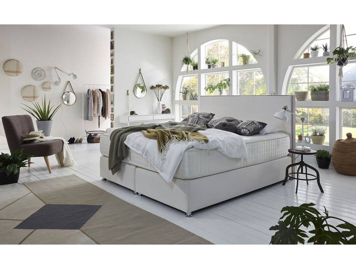 Boxspringbett, Strukturstoff, Weiß, 180×200 cm, 7-Zonen-Tonnentaschenfederkern, Vegan, Grüne Betten 'Amelia'