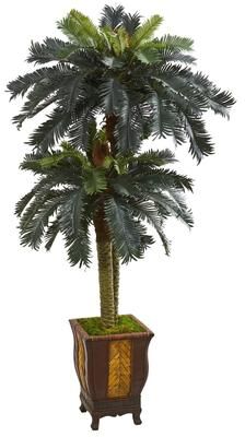 Nearly Natural 6' Double Sago Palm Artificial Tree in Designer Planter - h: 6 ft. w: 34 in. d: 34 in