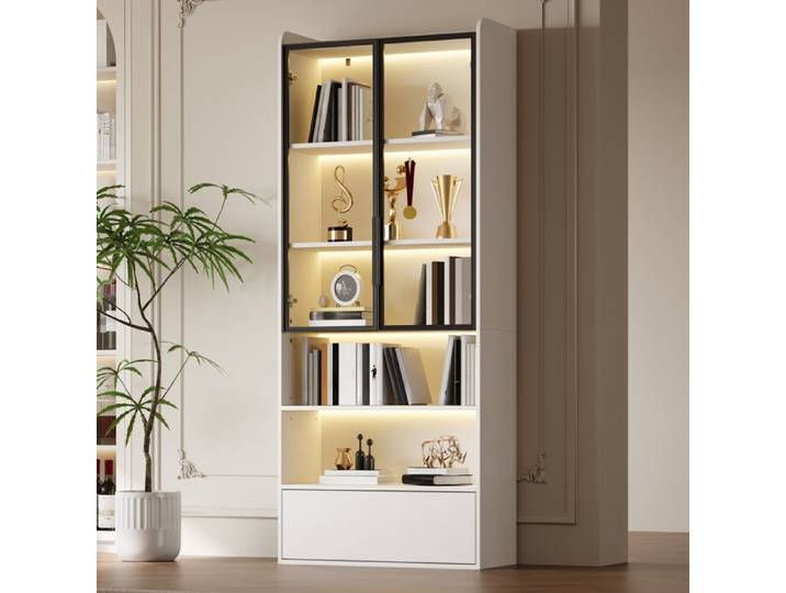 Vitrine avec portes vitrées - Dimensions 80x34x180 cm - Blanc - MDF et verre - 1 tiroir