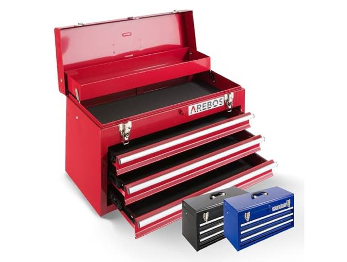 Arebos Boîte à outils avec 3 tiroirs et 2 compartiments de rangement Poignée de transport et fermetures à pression Coffret à Outils Tapis antidérapants Rouge