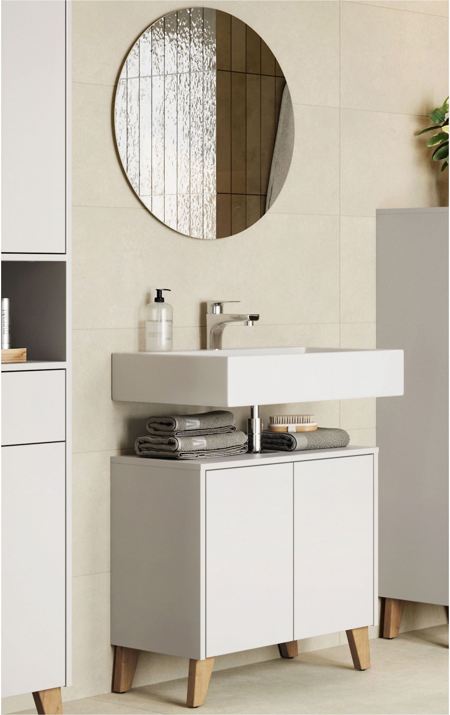 Badmöbel-Set GERMANIA "GW-Arnea", beige (kaschmir), Holzwerkstoff, Kastenmöbel-Sets, Badmöbel-Set kaschmir Einheitsgröße