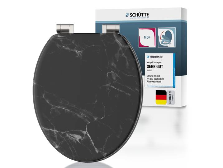 WC-Sitz SCHÜTTE MARMOR BLACK , schwarz (weißgrau), B:37,5cm L:43,5cm, MDF - Mitteldichte Holzfaserplatte, WC-Sitze, WC-Sitz, Toilettendeckel, Absenkautomatik, stabiles MDF, O-Form, Motiv, 175kg