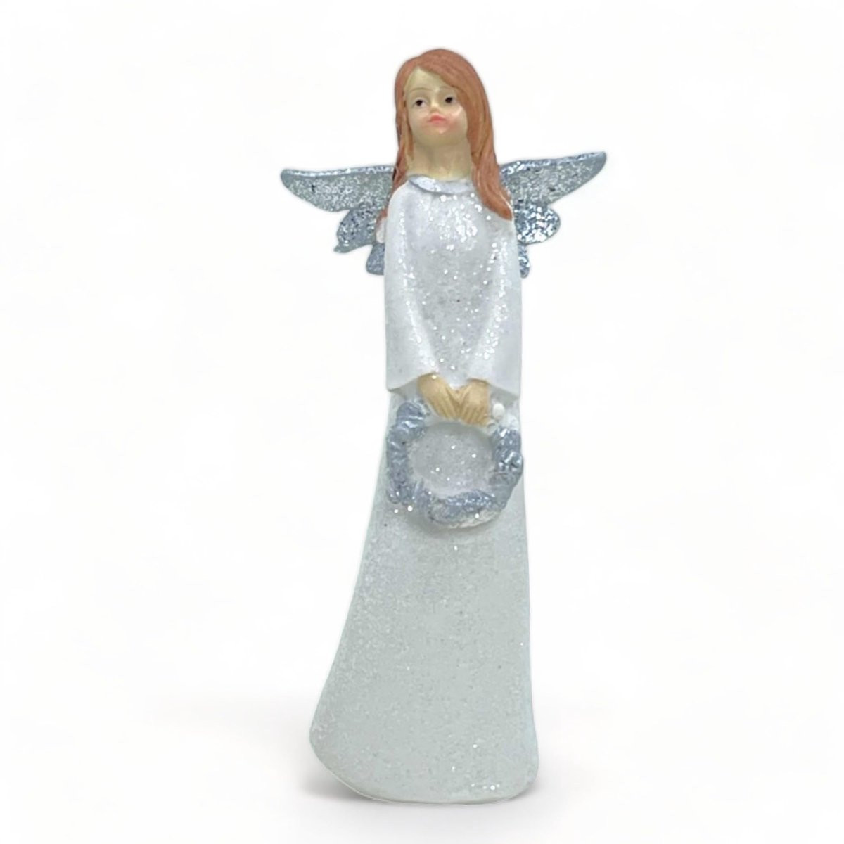 Dailygoods Engel Decoratiefiguur - Handbeschilderd - Kunststeen - Wit/Zilver - Hoogte: 14 cm