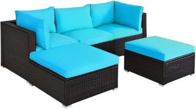 Costway 5 Pieces Patio Rattan Sectional Conversation Ottoman Furniture Set-Blue
