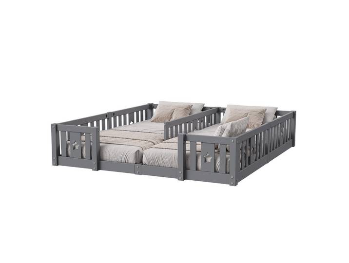 Shopentra Kinderbett 90x200 Grau Kiefernholz, Schutzzaun, Sternenloch, Holz, Schlafzimmer, Betten