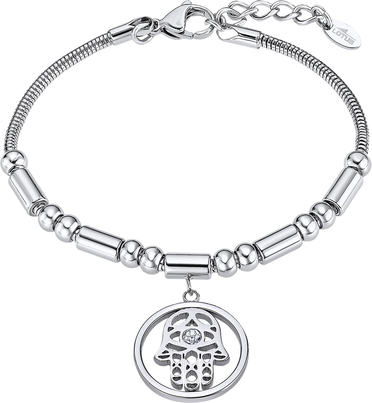 Armband LOTUS "Ionic - Hamsa Fatima's Hand", edelstahlfarben, kristallweiß, kristallweiß, Armbänder, Damen, 19cm, Edelstahl, Armband, mit Glasstein