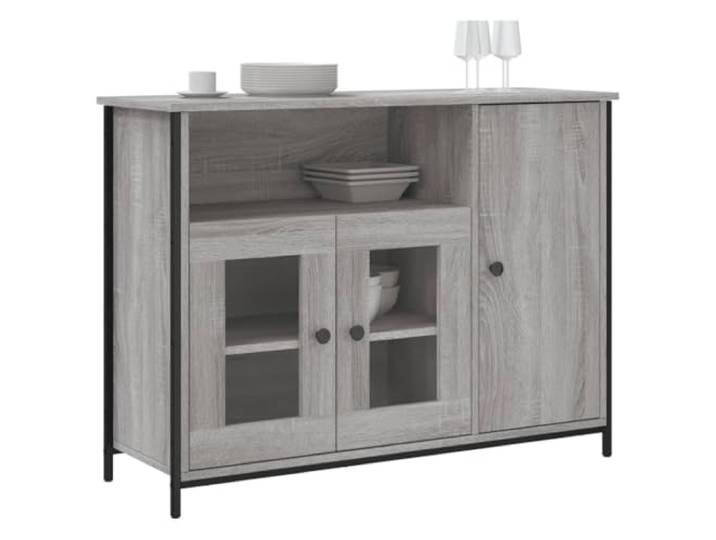 KTHLBRH Anrichte Grau Sonoma 100 x 35 x 75 cm aus mehrschichtigem Holz Glastüren, verstellbare Füße, großer Stauraum, Ausstellungsfläche