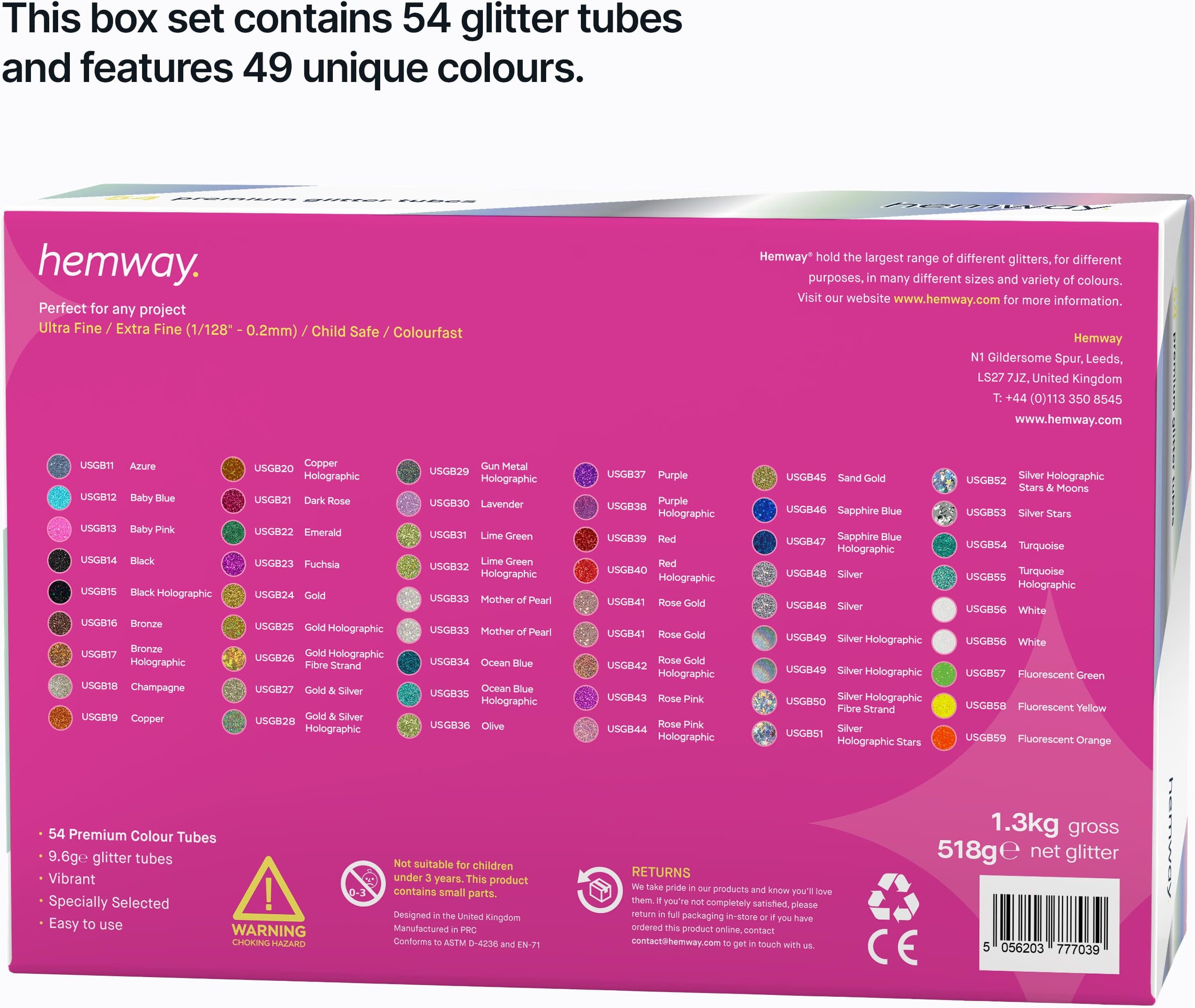 Hemway 54 Fine Glitter Tube Box Set   Ultra Sparkle   Craft, Cosmetic, Body, Epoxy - 54 Pack