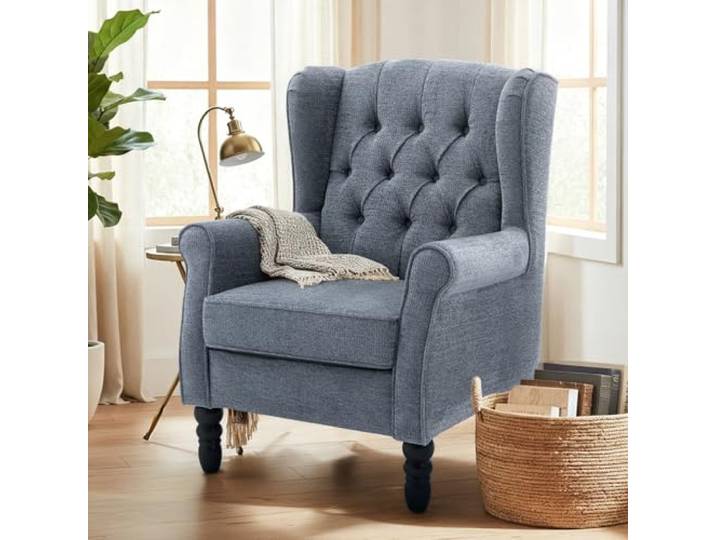 COLAMY Mid-Century Modern Sessel Wohnzimmer, Gepolsterter Wingback-Sessel mit Knopfsteppung, loungesessel Bezug aus Gewebe mit Massivholzbeinen für Wohnzimmer, Büro, Café - Blau