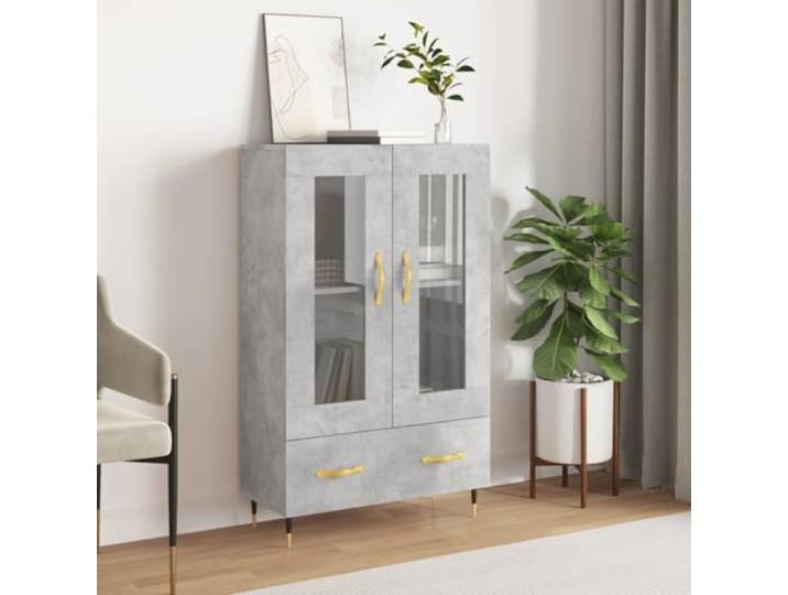 RJPLMFV Sideboard, hoch, 69,5 x 31 x 115 cm, betongrau Holzwerkstoff, Metallfüße, Glastür, Wandbefestigung inklusive