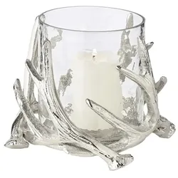 EDZARD Windlicht Kingston, Geweih-Design, Aluminium, silberfarben, mit Glas, Höhe 15 cm, ø 17 cm