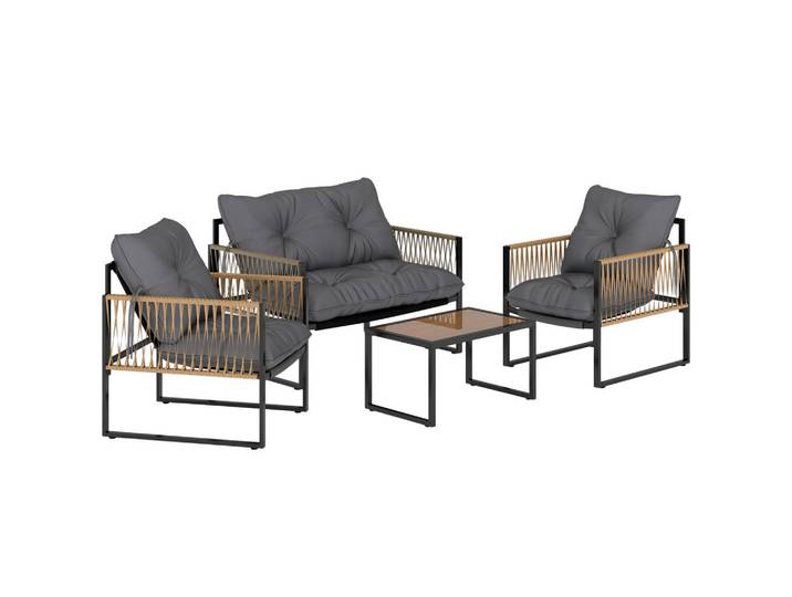 Outsunny Sitzgruppe mit Kissen, 4 tlg. Rattan Gartenmöbel-Set, Sitzgarnitur für Garten, Braun, Dunkelgrau, Kunststoff, Gartenmöbel, Gartengarnituren, Gartenmöbel-Sets