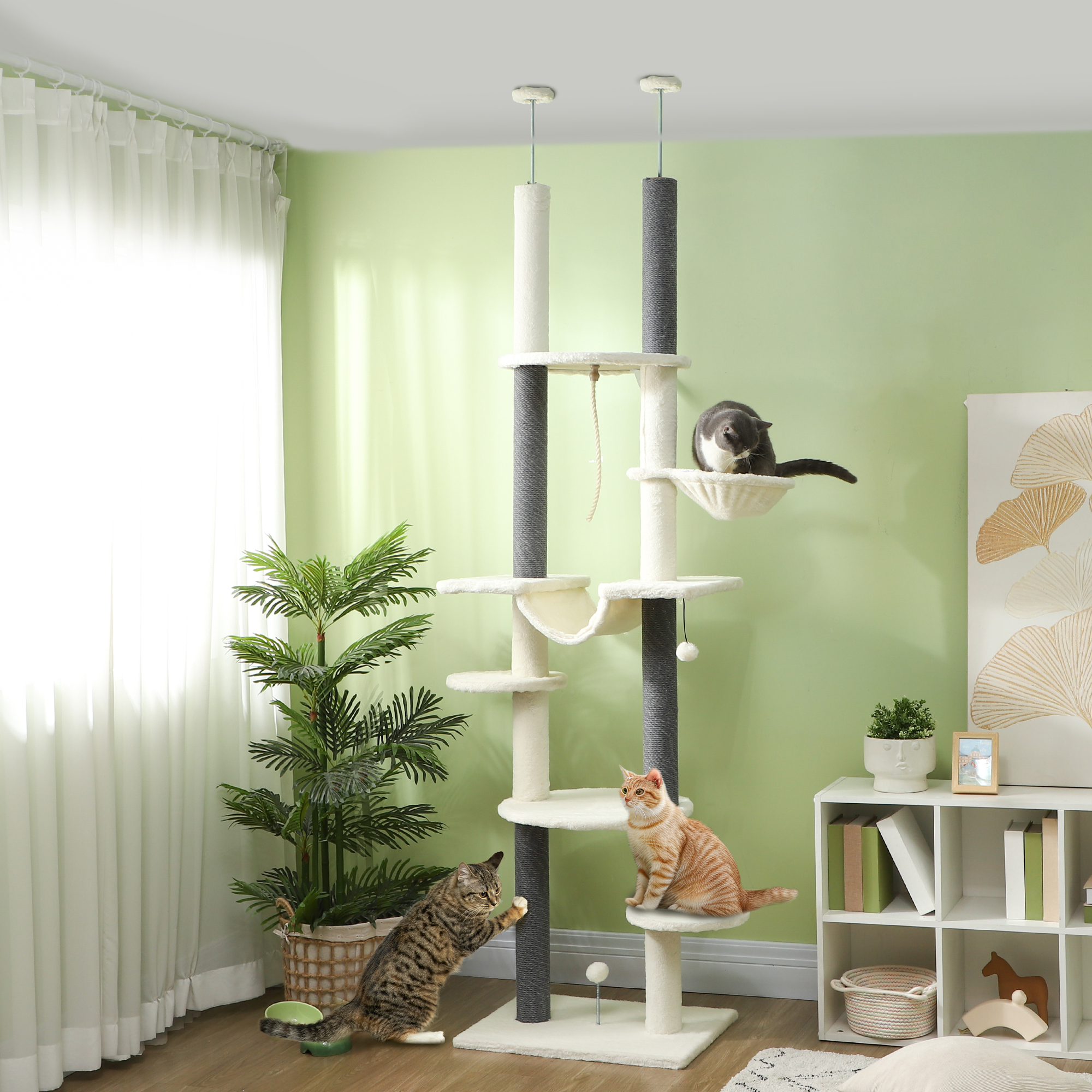 Pawhut Albero tiragraffi, a soffitto alto, regolabile 225-255 cm, piattaforme & Amache, Dispositivo Anti-Ribaltamento, Bianco   Aosom Italy