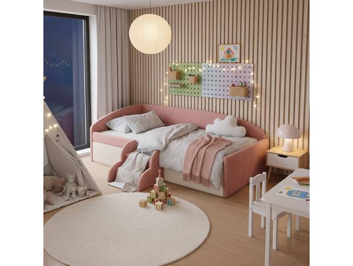 Lit enfant 90 x 190 cm Lit banquette Lit simple Cadre de lit avec escalier et rampe - Rose