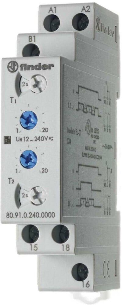 Finder 80.91.0.240.0000 Taktgeber asymetrisch 1W, 12-240VAC/DC,16A für Zeitsteuerungen mit einstellbarer Pause und Arbeitszeit, 809102000000 (809102400000)