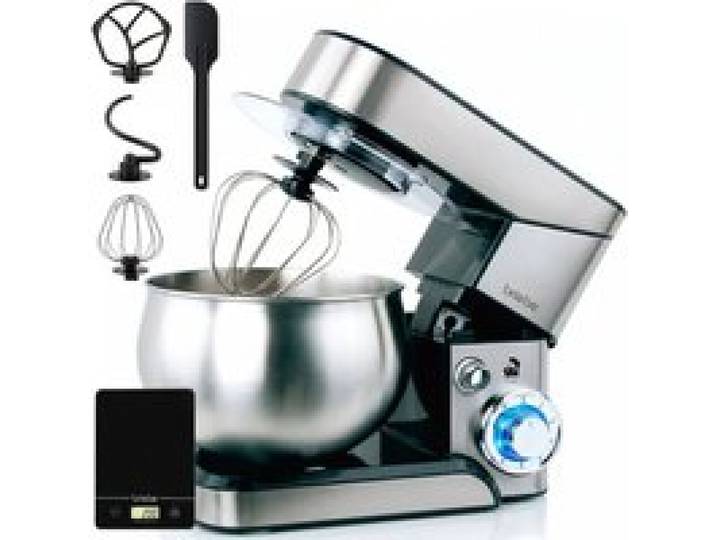 Robot Pâtissier Cuisine Multifonction Bol Inox 5L 6 Vitesses + Balance Numerique Briebe KM1114B 1800W Acier Inoxydable