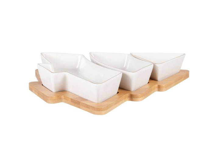 Aperitifschüsseln aus Porzellan, weiß mit Tannenmotiv, Set aus 3, mit Tablett aus Bambusholz