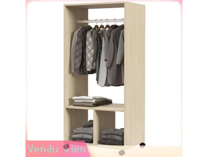 LIA Armoire penderie 2 niches roulettes bois naturel 60x40x128cm