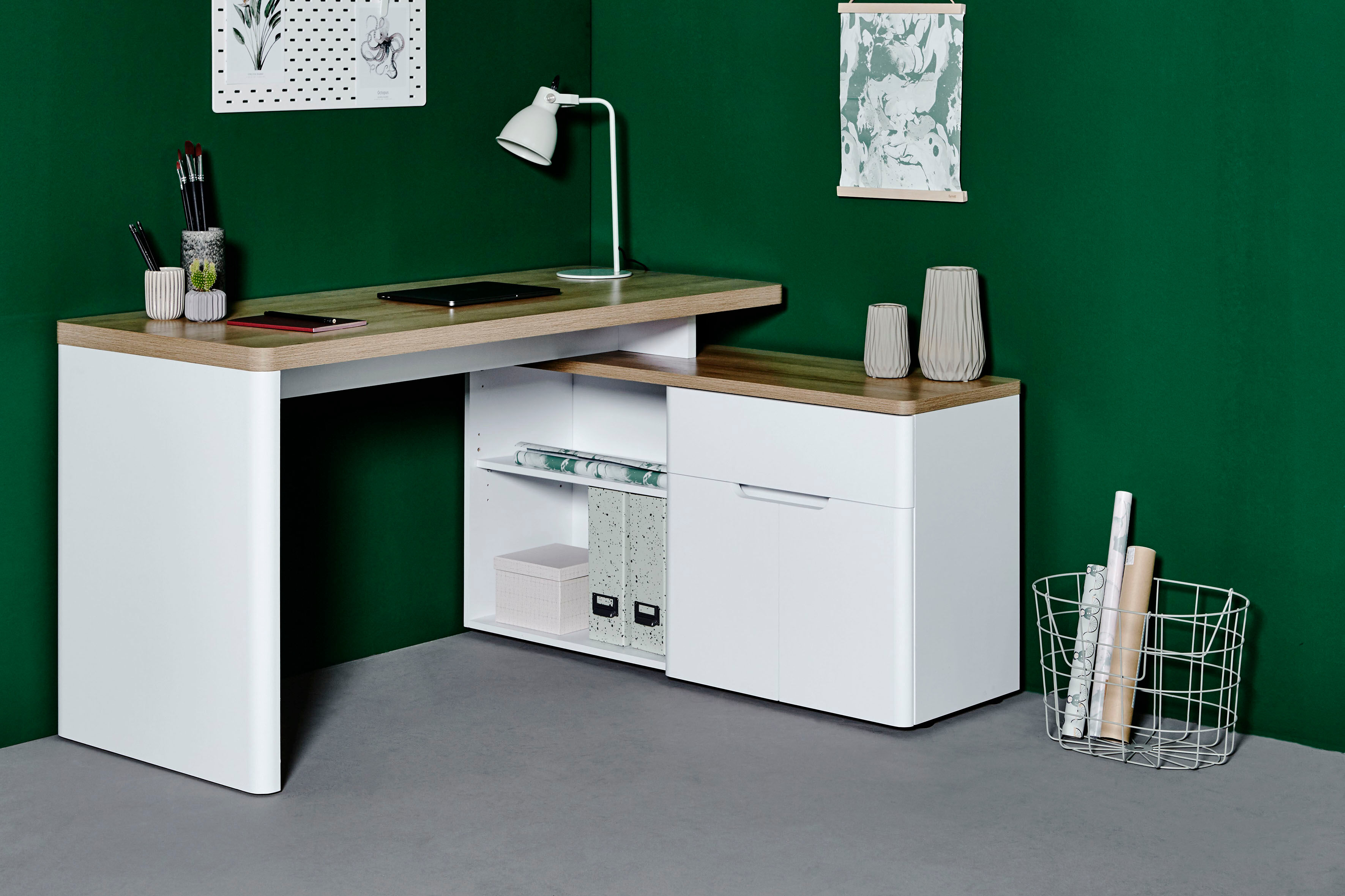 Eckschreibtisch JAHNKE "CU-LIBRE 150 E", braun (riviera eiche, weiß, weiß, riviera eiche), B:140cm H:77cm T:117,5cm, Tische, Eckschreibtisch, wechselseitig montierbar riviera eiche, weiß, weiß, riviera eiche B/H/T: 140cm x 77cm x 59cm