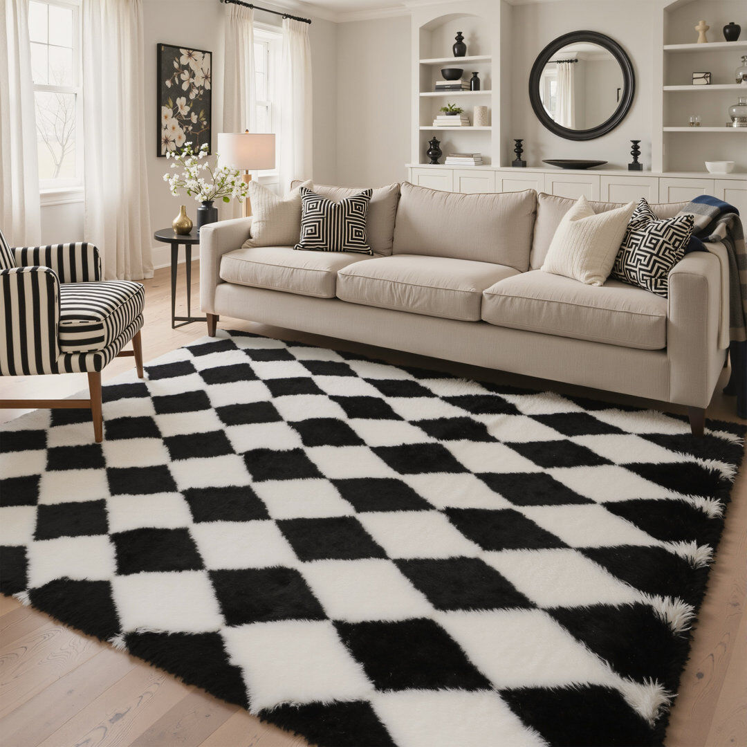 Latitude Vive Machine-Washable Checkered Shag Area Rug Black/White Rectangle 240 x 300 cm
