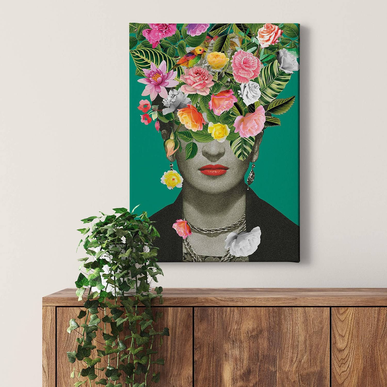 home24 Frida Floral wanddecoratie, groen en meerkleurig, 50 x 70 cm