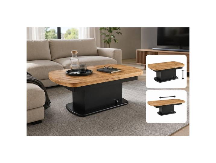 Livetastic Couchtisch, Schwarz, Eiche, Holz, Eiche, oval, Sockel, 75x51-79.9x135-160 cm, ausziehbar, höhenverstellbar, einfacher Aufbau, Wohnzimmer, Wohnzimmertische, Couchtische, Couchtische höhenverstellbar