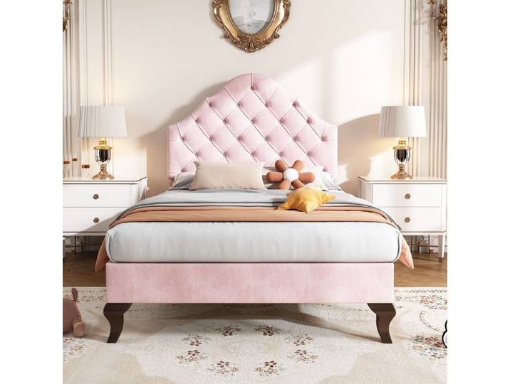 Lit capitonné 90x200 avec tête de lit réglable lit simple en velours rose