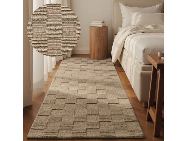 Wollteppich VILLEROY & BOCH Scala , braun, B:80cm H:10mm L:200cm, Wolle, Teppiche, Wollteppich, Handgewebt, Wolle, Kariert, Natur, 3D-Struktur, Karo, Wohnzimmer