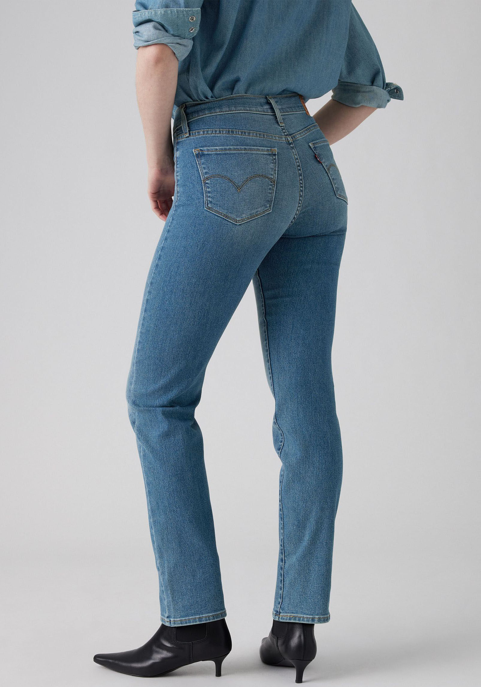 Gerade Jeans LEVI'S "314 Shaping Straight", Damen, Gr. 26, Länge 32, blau (eternal indigo mid), Denim/Jeans, Obermaterial: 80% Baumwolle, 19% Polyester, 1% Elasthan, gerade lang, Jeans Gerade Jeans, mit Stretch eternal indigo mid 26, Länge 32