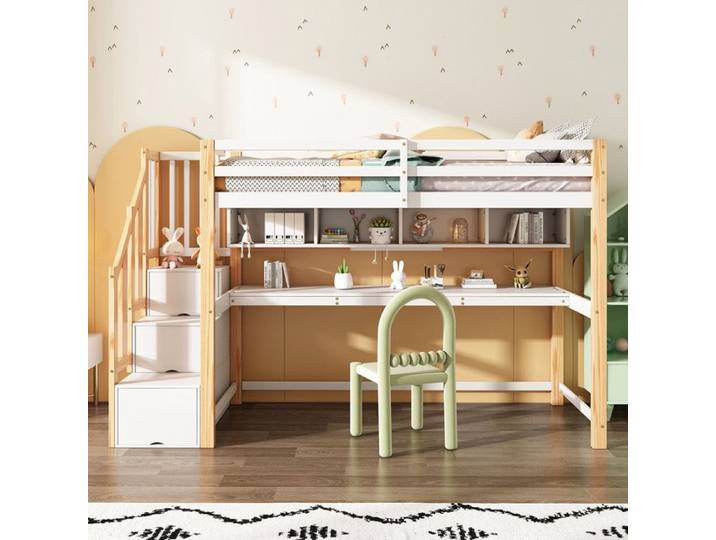 Lit multifonction 90×200 cm avec bureau et étagères – Naturel et blanc – Peinture écologique – Pour enfant – Matelas non inclus