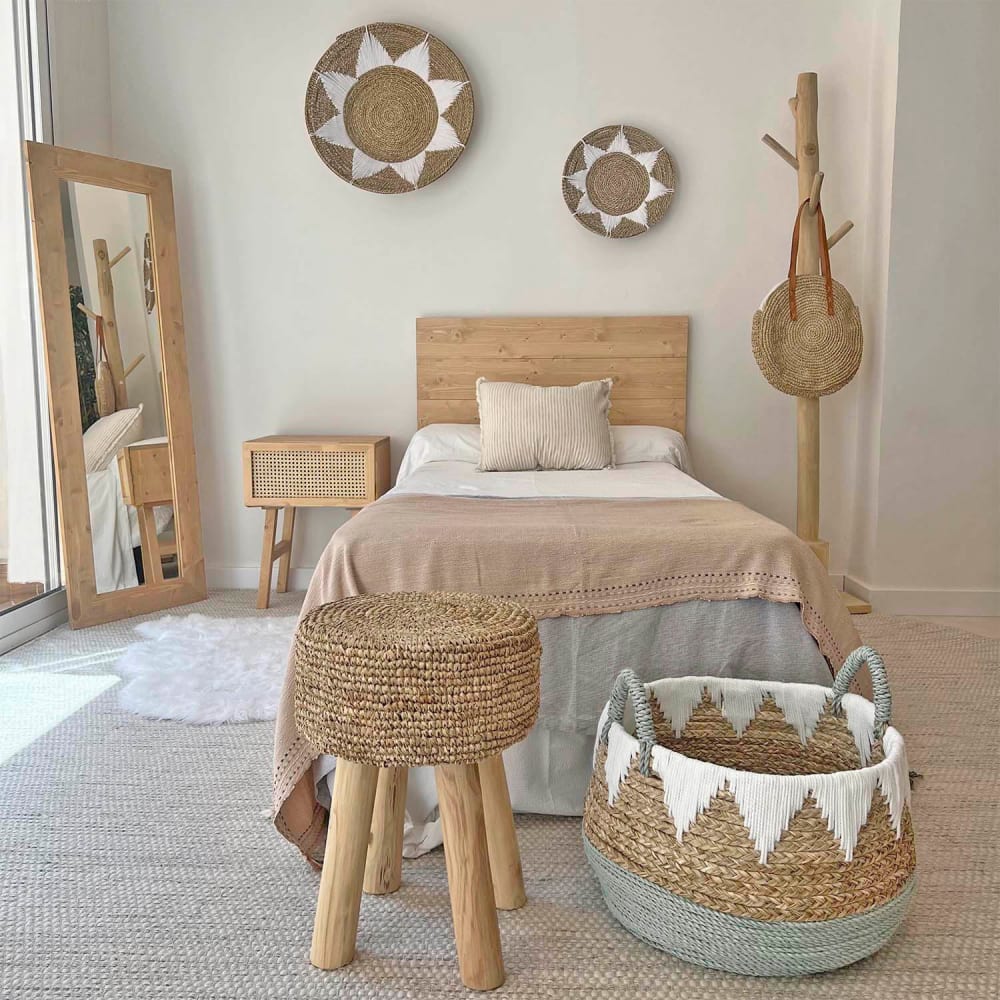NATYAL Tabouret en raphia et bois teck d.32 x 45 cm Beige 32x45x32cm