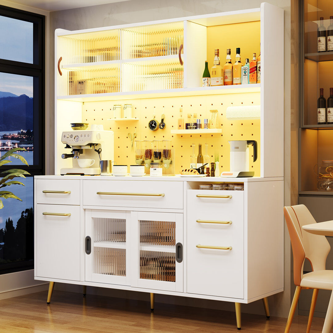 Leisure Kitchen Cabinet With Led, 1 Door, 2 Sliding Doors And 4 Drawers White 171cm H X 145cm W X 39cm D