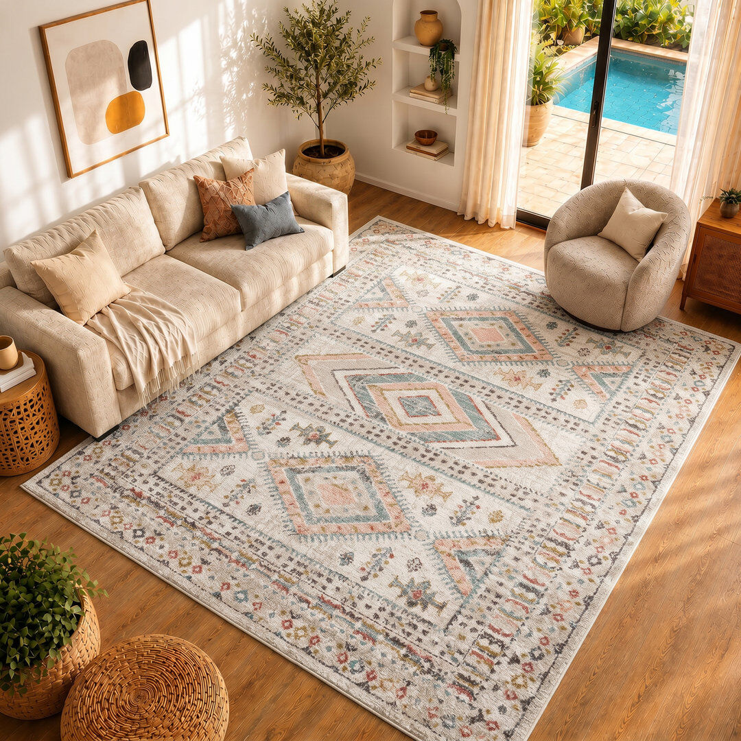 Blue Elephant Eldon Pale Pink/Teal Rug Cream;Pink;Yellow;Brown;Blue;Gray Rectangle 120 x 170 cm