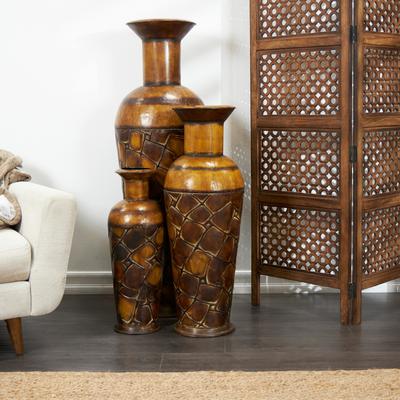 ARCILLA ELEMENTAL Brown or Dark Brown Metal Indoor Outdoor Tall Floor Bottleneck Decorative Vase with Bubble Texture and Studs (Set of 3)